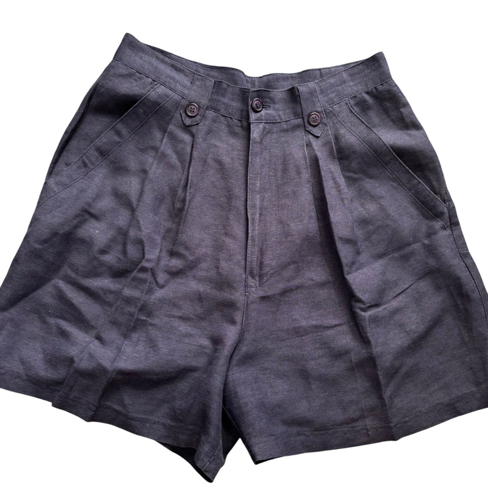 Bermuda High Waist Louise Paris Linen Shorts Size 7/8‎ Pockets Navy Blue Vintage